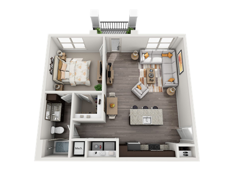 Floor plan for 1 bed, 1 bath, 795 sqft